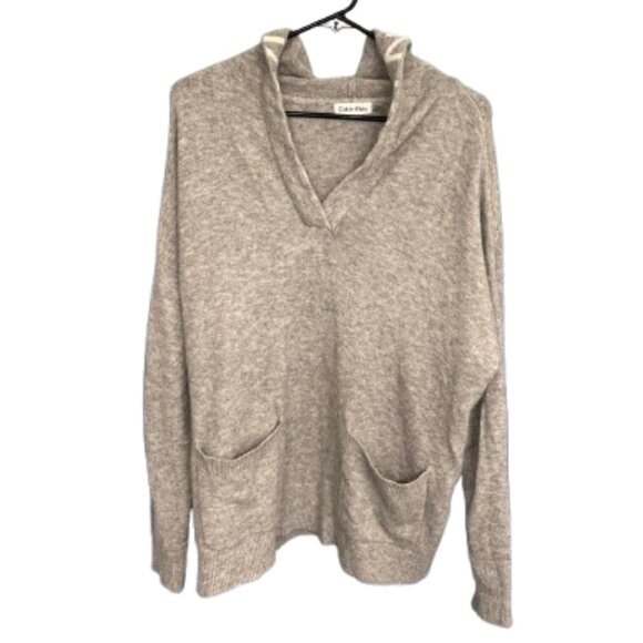 🤎 Calvin Klein Tan Knit Hoodie Sweater With Front Pockets – Size L - Picture 1 of 8
